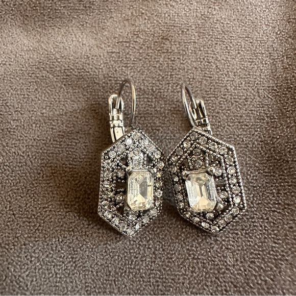 Vintage-Inspired Emerald Cut Crystal Drop Earrings Pave Halo Timeless Bridal - Picture 1 of 5